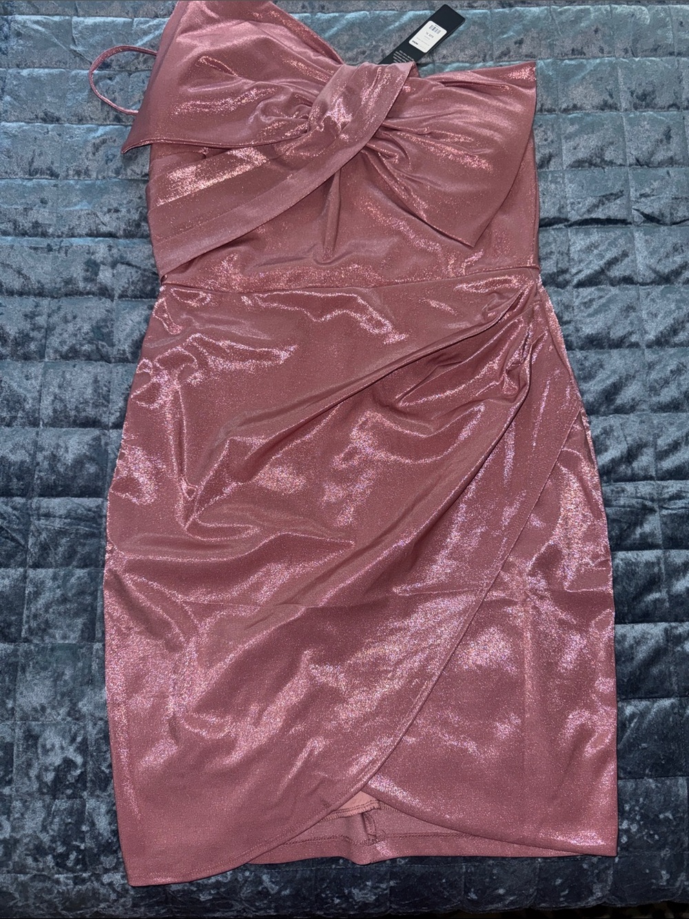 Fashion Nova Metallic Mauve One-Shoulder Bow Mini Dress